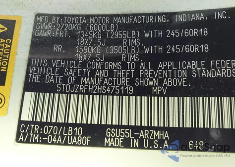 2017 Toyota Highlander Xle from USA, damaged, VIN 5TDJZRFH2HS475119